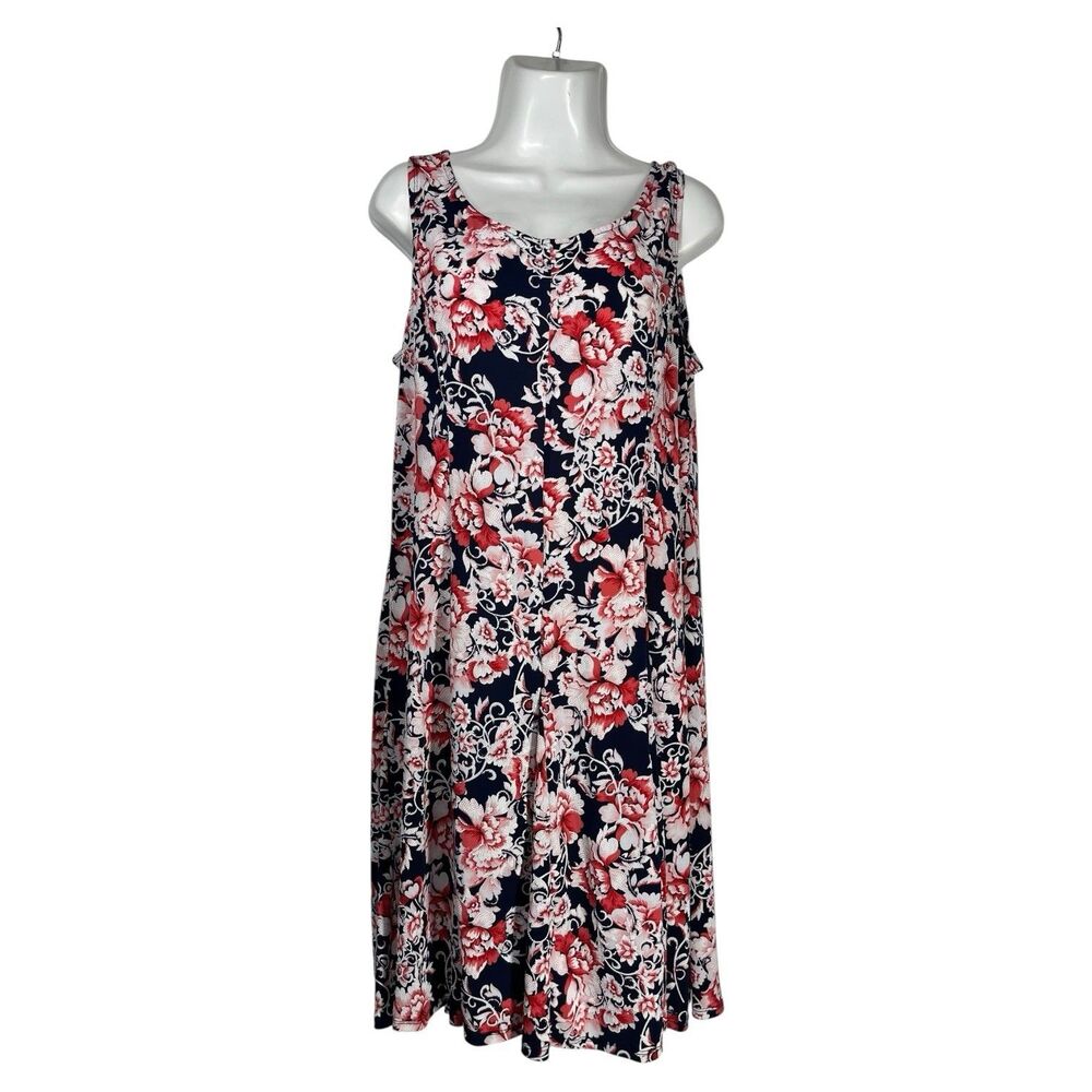 Perceptions Floral Tank Dress Womens Large Navy Red White Modest Summer Midi